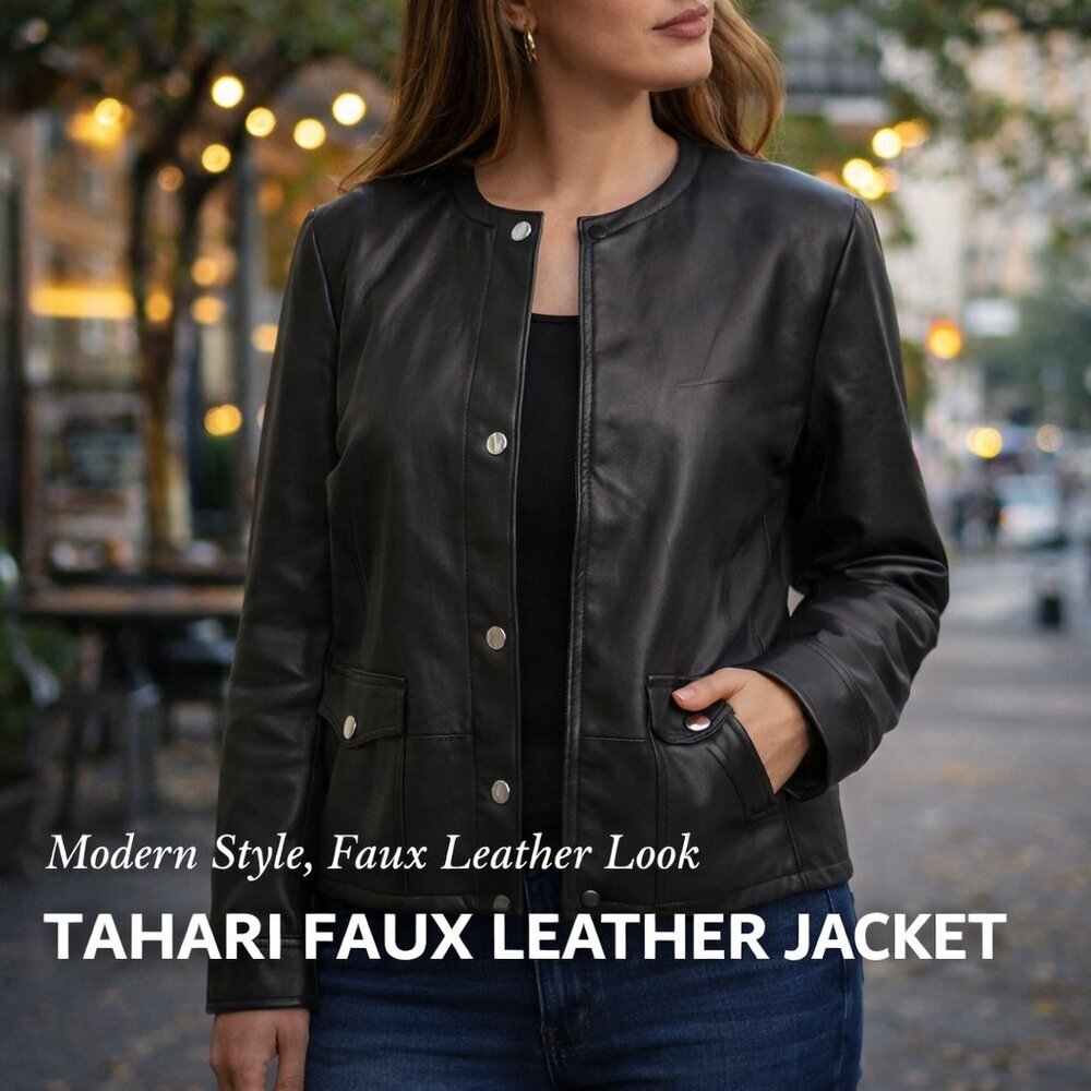T Tahari Black Faux Leather Jacket Size 12 Modern Moto Style